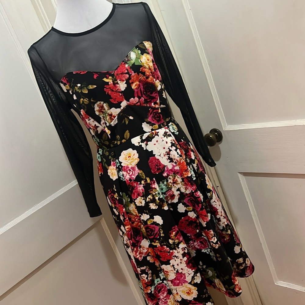 Floral Fit & Flare Mesh Yoke Dress - Black Floral